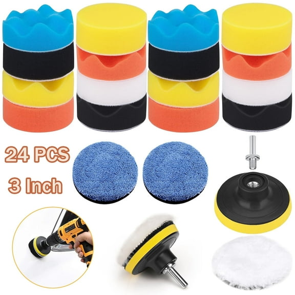 cyrico 3 inch Buffing Pads, 24 Pcs Car Foam Drill Polishing Pads Kit, Detail Polishing for Drill Buffer Polisher Attachment Kit with Thread Backing Pad & Adapters