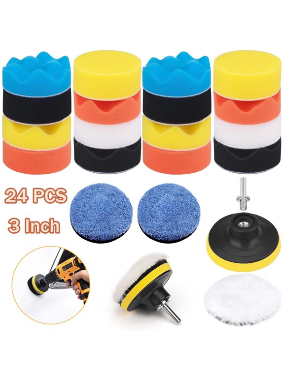 3 inch Buffing Pads, 24 Pcs Car Foam Drill Polishing Pads Kit, Detail Polishing for Drill Buffer Polisher Attachment Kit with Thread Backing Pad & Adapters