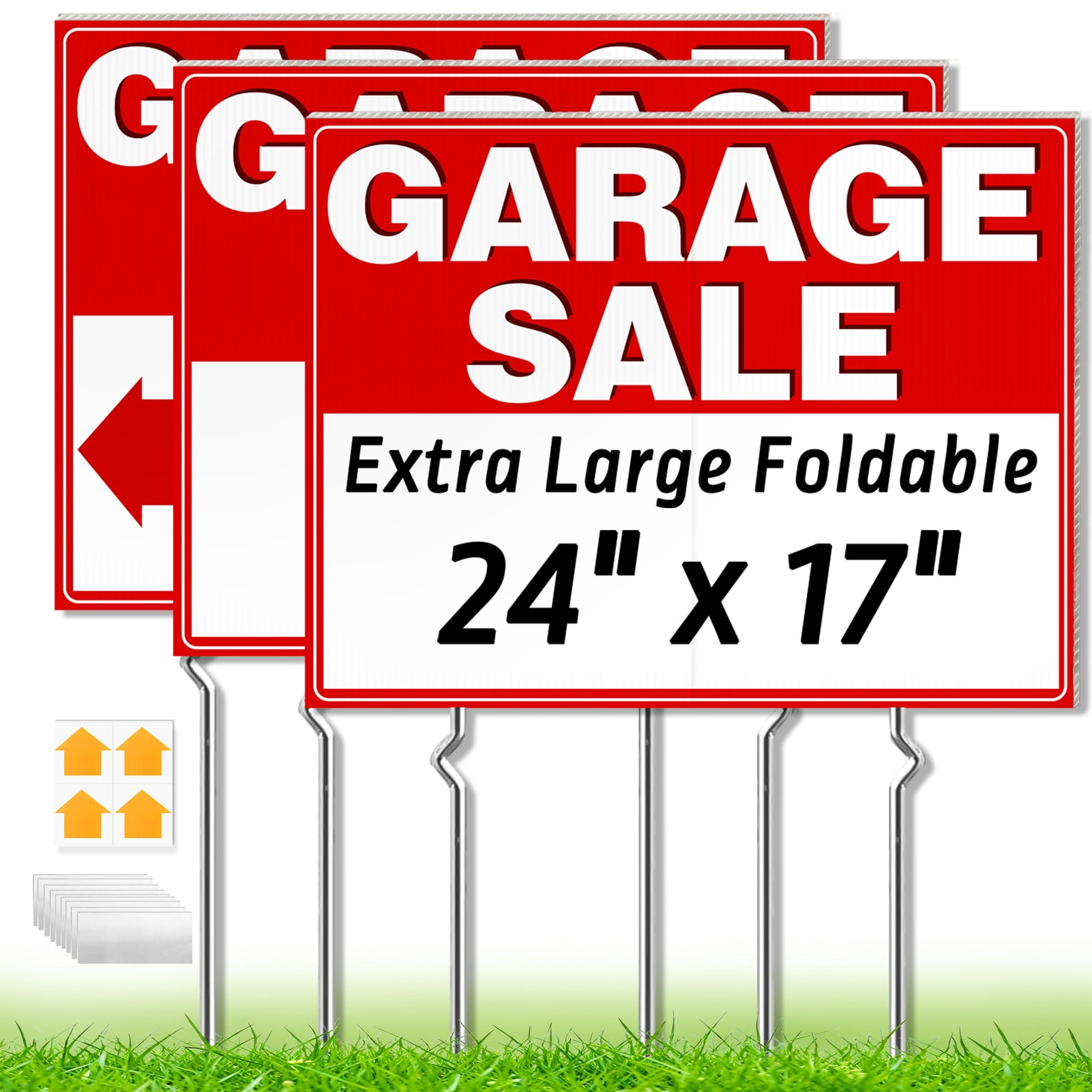 cyrico 3 Pcs Garage Sale Signs with Stakes, 24" x 17" Extra Large Yard Sale Signs, Double-Sided Weatherproof Corrugated Plastic, Includes Directional Arrow Stickers for Outdoor Garage Sale Supplies