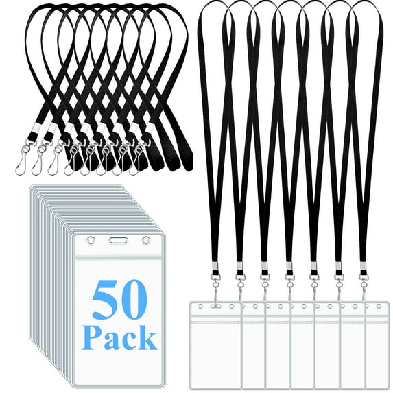 cyrico 50pcs Lanyards for ID Badges and 50 Name Tags Badge ID Card Holders, Flat Neck Name Tag with Clip Cruise Essentials Waterproof Plastic Clear Badges for School Office Supplies (Black)