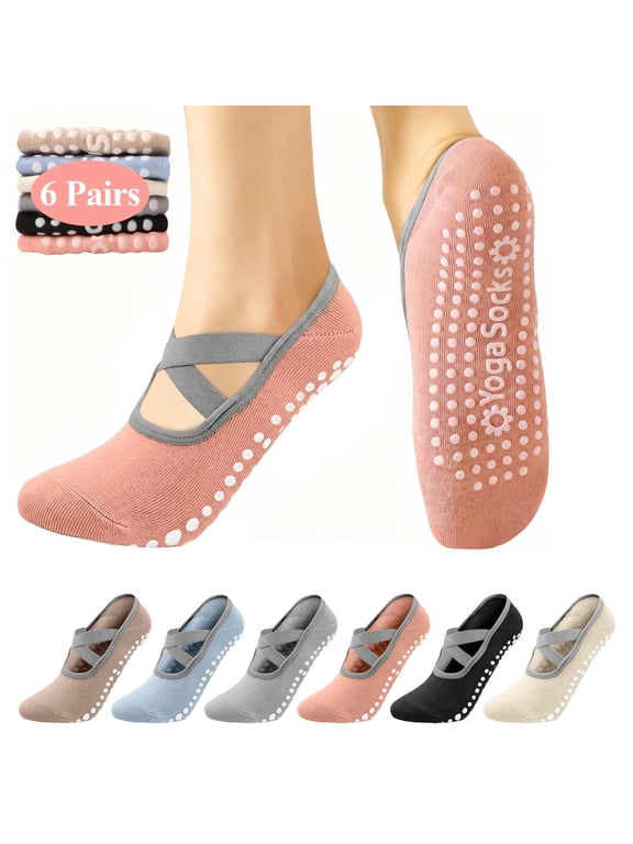 6 Pairs Pilates Socks with Grips for Women, Non Slip Yoga Socks with Straps, Breathable Grip Socks with Stretchable Cuff for Yoga Pilates Ballet Workout Gym Dance, 5-9
