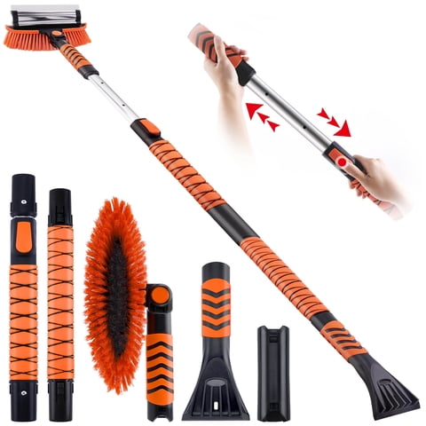 cyrico 60" Ice Scraper and Snow Brush for Car Windshield, 3 in 1 Extendable Snow Scraper with Squeegee, Detachable Aluminum Handle and Foam Grip, 180 Pivoting Snow Remover for Cars, Trucks, Suvs