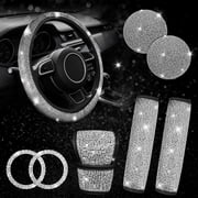 cyrico 8 Pcs Bling Car Accessories Set for Women, Bling Steering Wheel Cover, Sparkly Seat Belt Covers, Shiny Rhinestone Glitter Shift Knob Cover, Car Cup Holder Coaster, Push to Start Button Cover