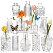 cyrico Bud Vase Set, 12 Pcs Small Clear Vintage Glass Mini Vases for Flowers, Wedding Centerpieces, Rustic Home Decor, Table Decorations, Baby Shower, Party, Ev