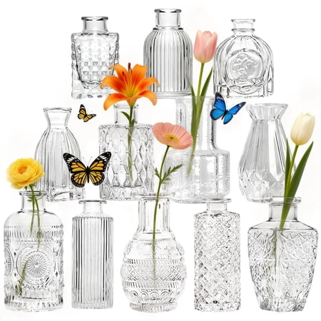 cyrico Bud Vase Set, 12 Pcs Small Clear Vintage Glass Mini Vases for Flowers, Wedding Centerpieces, Rustic Home Decor, Table Decorations, Baby Shower, Party, Event Decorations