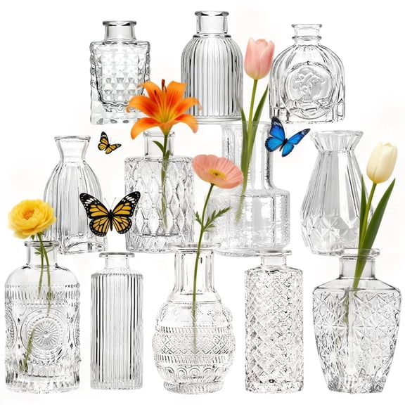 cyrico Bud Vase Set, 12 Pcs Small Clear Vintage Glass Mini Vases for Flowers, Wedding Centerpieces, Rustic Home Decor, Table Decorations, Baby Shower, Party, Event Decorations
