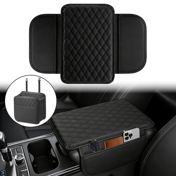 cyrico Car Center Console Cover, Leather Armrest Cover Cushion for Car with 2 Storage Bags, Universal Auto Arm Rest Protector, Car Interior Accessories for Most Vehicles (Black)