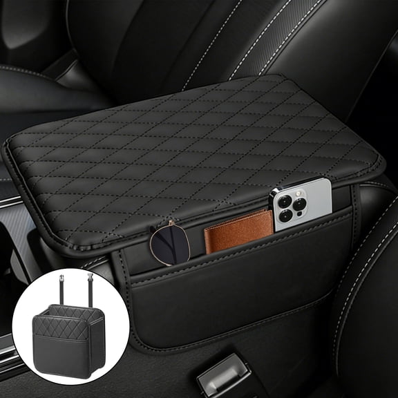 cyrico Car Center Console Cover, Leather Armrest Cover Cushion for Car with 2 Storage Bags, Universal Auto Arm Rest Protector, Car Interior Accessories for Most Vehicles (Black)