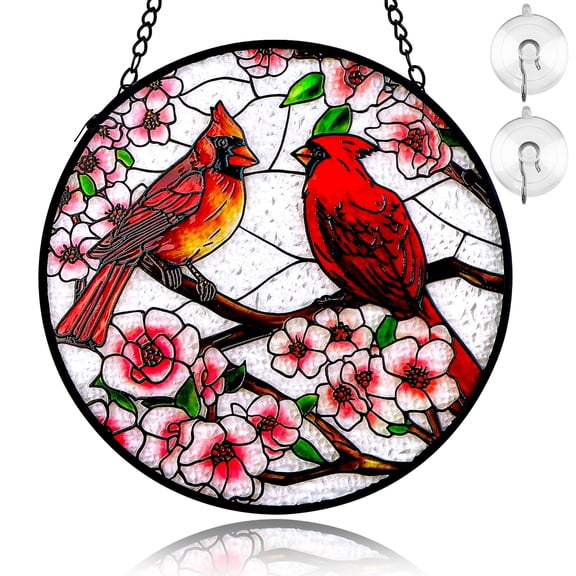 cyrico Cardinal Stained Glass Window Hanging, 6 Inch with Metal Chain & Hooks, Hand-Painted Glass Panel Indoor Window Wall Art Home Decor Gift for Bird Lovers Women Mother's Day Christmas