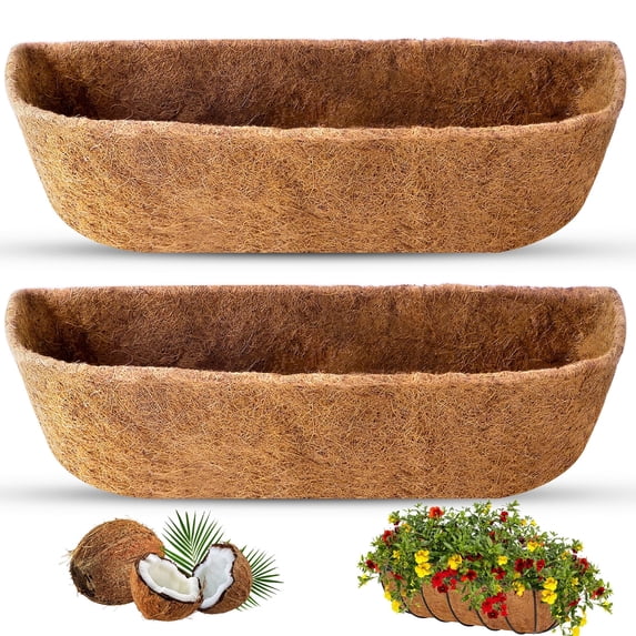 cyrico 2 Pack Coco Liners for Planters, 24 Inch Natural Coconut Fiber Trough Planter Liner Inserts, Window Box Liners for Wall Planters, Fence, Deck Railings and Balcony Flower Baskets