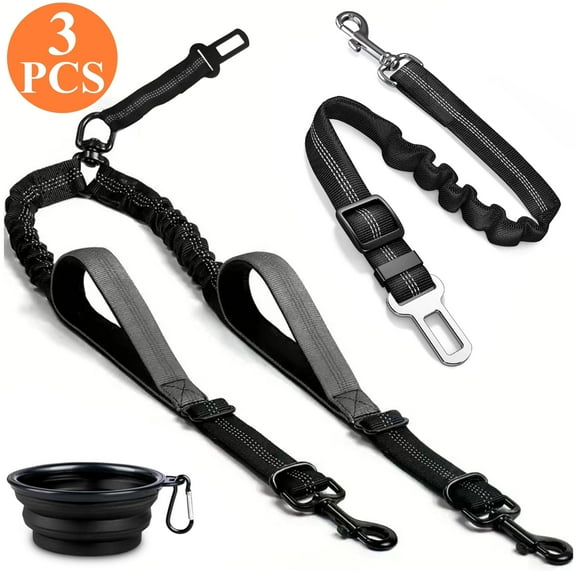 cyrico Dog Seat Belt for Car 3 PCS, 2-in-1 Double Dog Seatbelt Leash and Adjustable Retractable Pet Seatbelt Kit with Collapsible Dog Bowl for Small, Medium, and Large Pets, Black