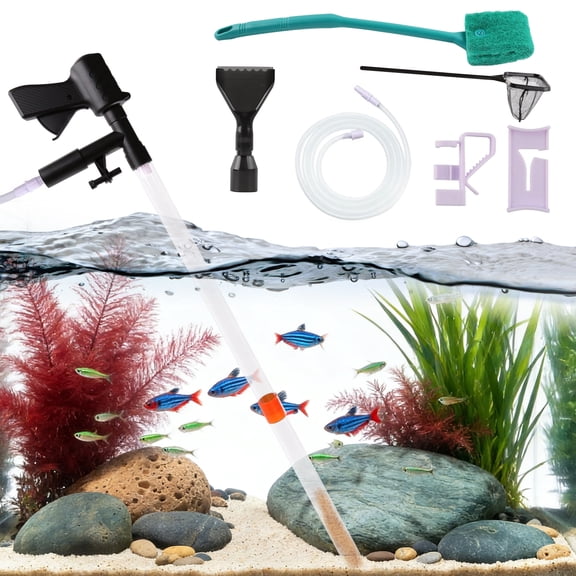 cyrico Gravel Vacuum for Aquarium, Fish Tank Vacuum Gravel Cleaner Kit with Aquarium Thermometers Fish Net, Aquarium Siphon Gravel Cleaner, Fish Tank Cleaning Tools for Water Change Wash Sand