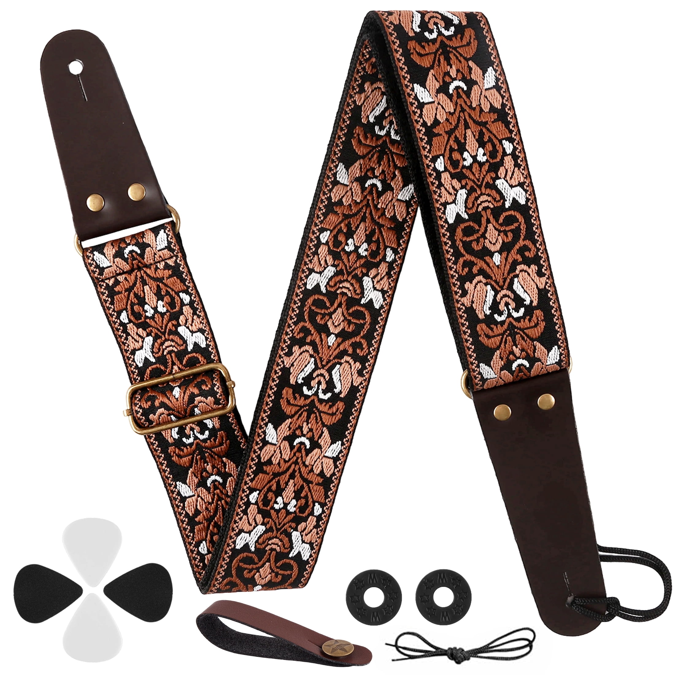cyrico Guitar Strap, Jacquard Embroidered Cotton Guitar Strap with Crazy Horse Leather Ends for Acoustic, Electric & Bass Guitars, Includes Strap Locks, Strap B
