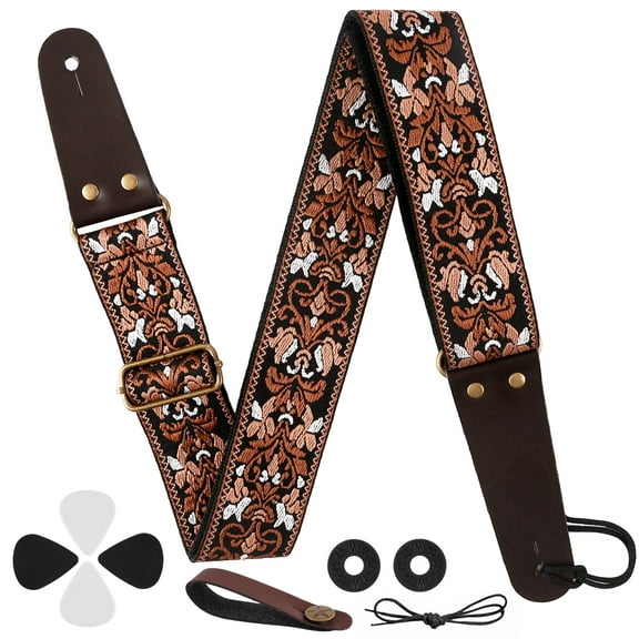 cyrico Guitar Strap, Jacquard Embroidered Cotton Guitar Strap with Crazy Horse Leather Ends for Acoustic, Electric & Bass Guitars, Includes Strap Locks, Strap Button & 4 Guitar Picks