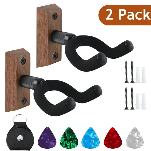 cyrico Guitar Wall Mount, 2 Pack Walnut Wood Guitar Holder with Guitar Picks, Rotatable Soft U-Shaped Guitar Wall Hanger for Acoustic, Electric Guitar, Bass, Banjo, Bass