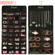 2 Pack Hanging Jewelry Organizer, Double-Sided 48 Pockets with 8 Necklace Holders, Jewelry Storage for Earrings, Necklaces, Bracelets and Rings, Closet, Wall or