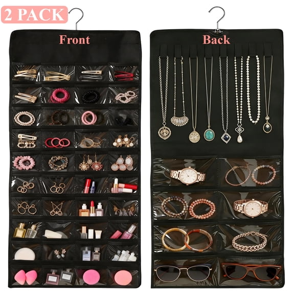 cyrico 2 Pack Hanging Jewelry Organizer, Double-Sided 48 Pockets with 8 Necklace Holders, Jewelry Storage for Earrings, Necklaces, Bracelets and Rings, Closet, Wall or Door Use
