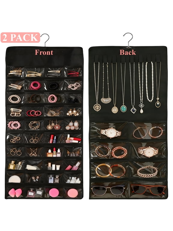 2 Pack Hanging Jewelry Organizer, Double-Sided 48 Pockets with 8 Necklace Holders, Jewelry Storage for Earrings, Necklaces, Bracelets and Rings, Closet, Wall or Door Use
