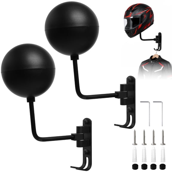 cyrico Helmet Holder Wall Mount, 2 Pack 180 Degree Rotation Motorcycle Helmet Holder, Metal Helmet Hanger Rack with 2 Hooks for Hat Cap Bike Motorcycle Accessories