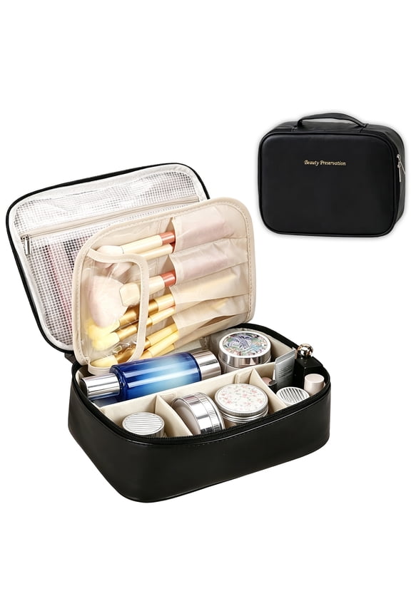 Makeup Bag, Large Capacity Travel Cosmetic Bag Organizer, Portable Toiletry Bag for Women, PU Leather Makeup Organizer Storage for Travel with Removable Divider and Handle