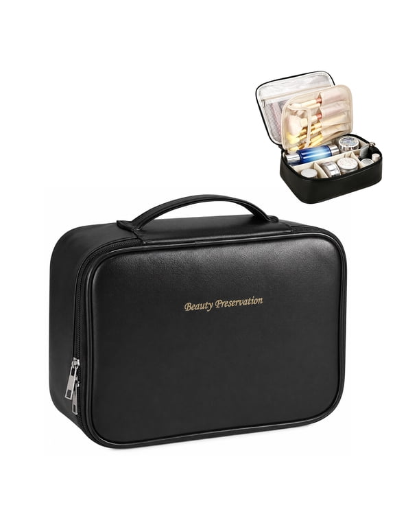 Makeup Organizer Bag, PU Leather Cosmetic Organizer Case with Removable Dividers, Portable Travel Makeup Bag with Handle, Waterproof Toiletry Storage Bag for Women