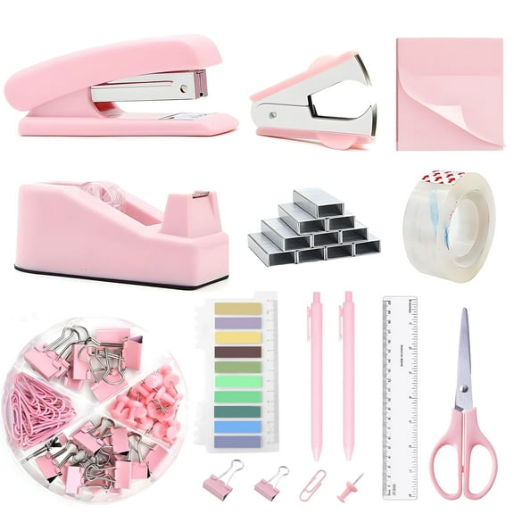 cyrico Pink Office Supplies Set, Stapler and Tape Dispenser Set Desk Accessories Kit with Stapler, Tape Dispenser, Remover, Staples, Clips, Scissor, Ruler, Pen and Tabs for Women, Clerks