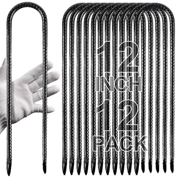cyrico 12 Inch Rebar Stakes 12 Pack, Heavy Duty U Hook Ground Anchors, Metal Steel Trampoline Stakes with Chisel Point for High Wind Trampoline, Chicken Coop, Fence, Garden, Tent & Dog Use