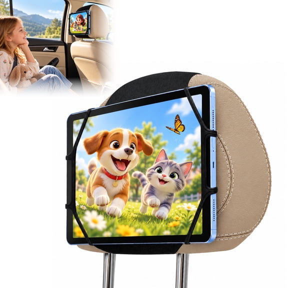 cyrico Silicone Tablet Holder for Car, Car Headrest Mount Holder for Back Seat with Anti-Slip Adjustable Strap & Holding Net Fits 7-12.9 Inch Tablets