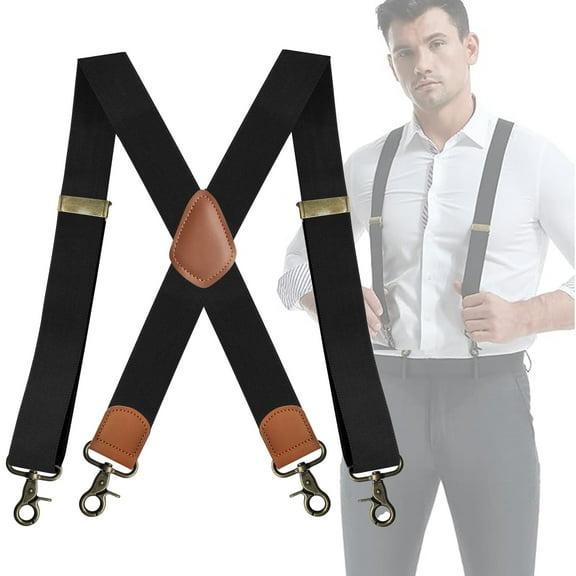 cyrico Suspenders for Men, Heavy Duty Adjustable Elastic X-Back Wide Strap Hidden Suspenders with 4 Swivel Hook Clips, Comfortable Work Belt Loop Suspenders, Black