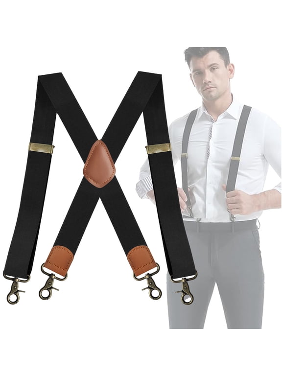 Suspenders for Men, Heavy Duty Adjustable Elastic X-Back Wide Strap Hidden Suspenders with 4 Swivel Hook Clips, Comfortable Work Belt Loop Suspenders, Black