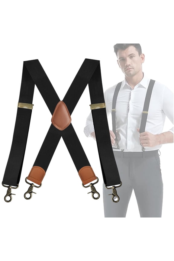 Suspenders for Men, Heavy Duty Adjustable Elastic X-Back Wide Strap Hidden Suspenders with 4 Swivel Hook Clips, Comfortable Work Belt Loop Suspenders, Black