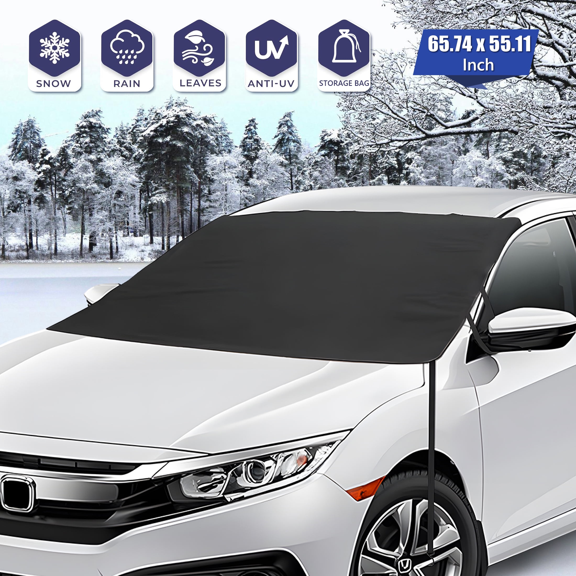 cyrico Windshield Cover for Ice and Snow, Waterproof & Windproof Windshield Snow Cover, Windshield Frost Cover Ice Removal Wiper Protector for Car Truck SUV (Black, Large -86 x 55 Inches)