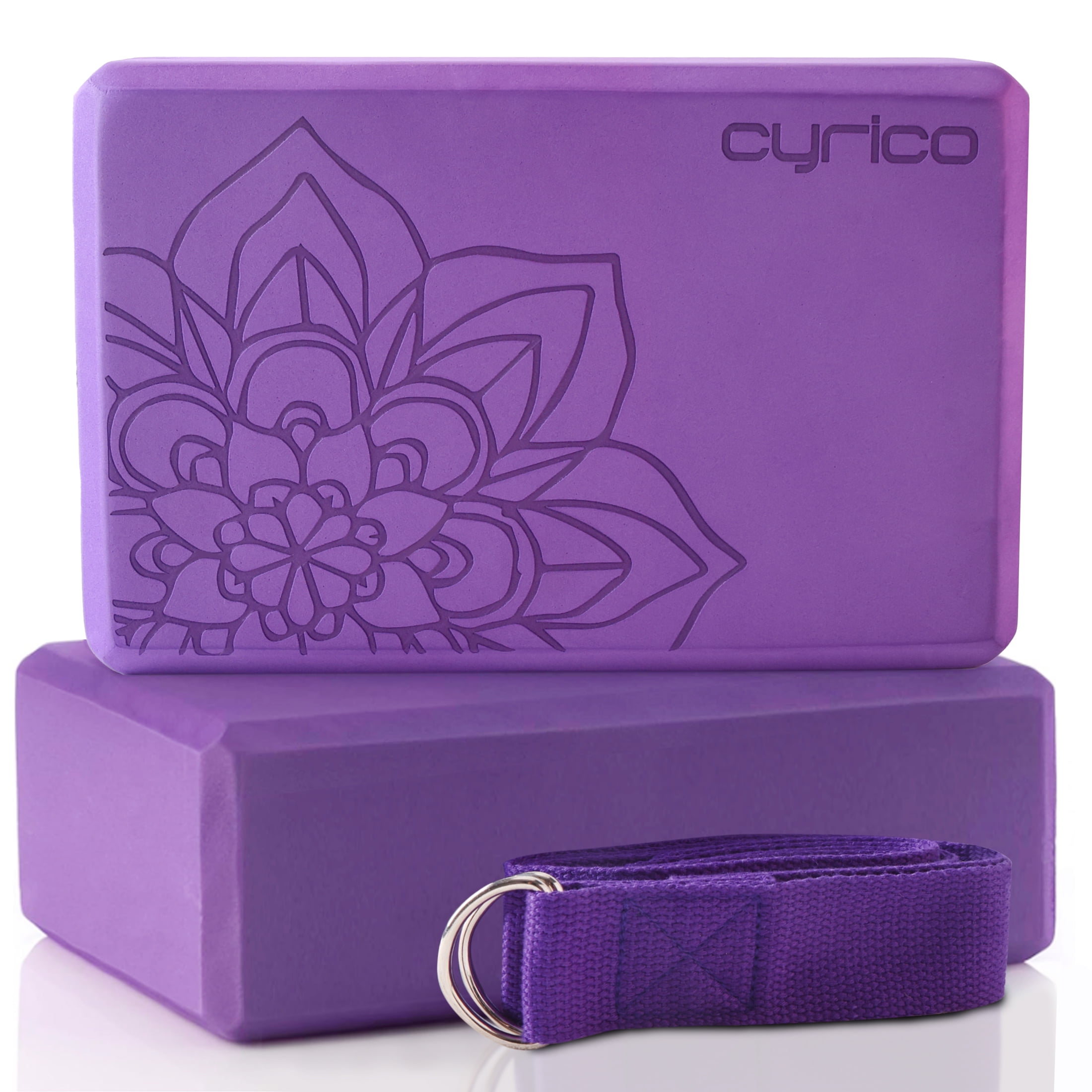 cyrico Yoga Blocks 2 Pack, Portable High Density EVA Foam Non-Slip Yoga Bricks Set with 6 ft Metal D-Ring Strap for Yoga, General Fitness, Pilates, Stretching, and Toning, 9 x 6 x 3 inches