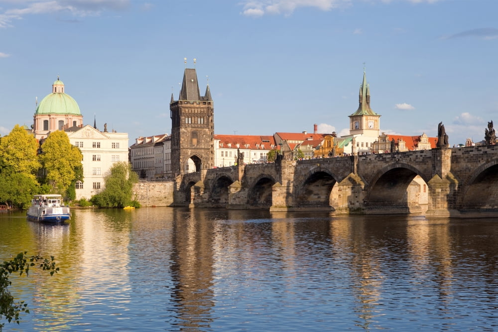 czech republic prague - charles bridge and spires of the old town Canvas Art - Panoramic Images (27 x 9)