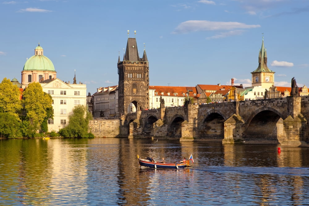 czech republic prague - charles bridge and spires of the old town Canvas Art - Panoramic Images (27 x 9)