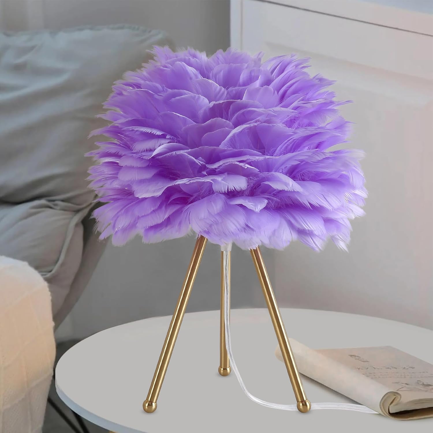 czqnlg Feather Tripod Table Lamp 15.3" White Bedside/Desk Lamp with