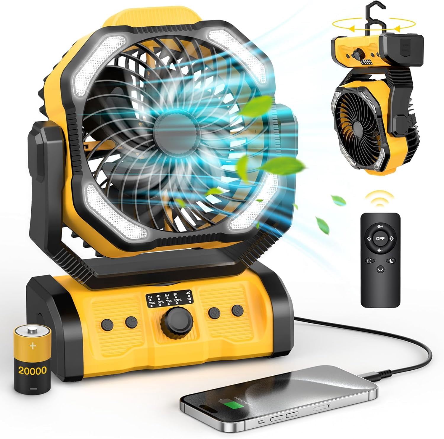 Hltser Portable Rechargeable Camping Fan - 20000mAh Cordless Battery Powered Tent Fans with LED Lantern  Remote Auto Oscillating USB C Operated Table Ventilador for Travel Picnic Barbecue