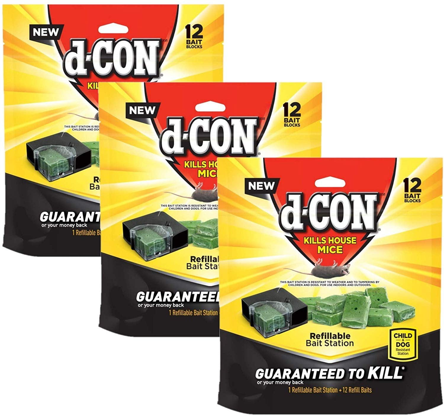 d-CON Corner Fit Mouse Poison Bait Station with 1 Trap and 12 Bait Refills,  3 Pack