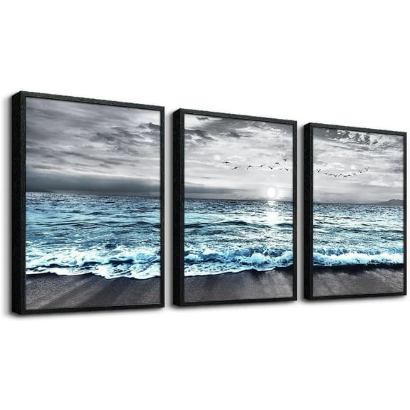 d Canvas Wall Art - 3 Piece Set: Black & White Blue Ocean Sea Wave Pictures - Modern Beach Posters for Living Room, Bedroom & Office Wall Decor