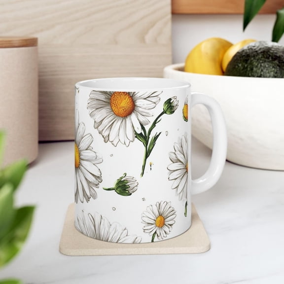 d-Drawn Daisy Floral Ceramic Mug, Nature Lover Gift.