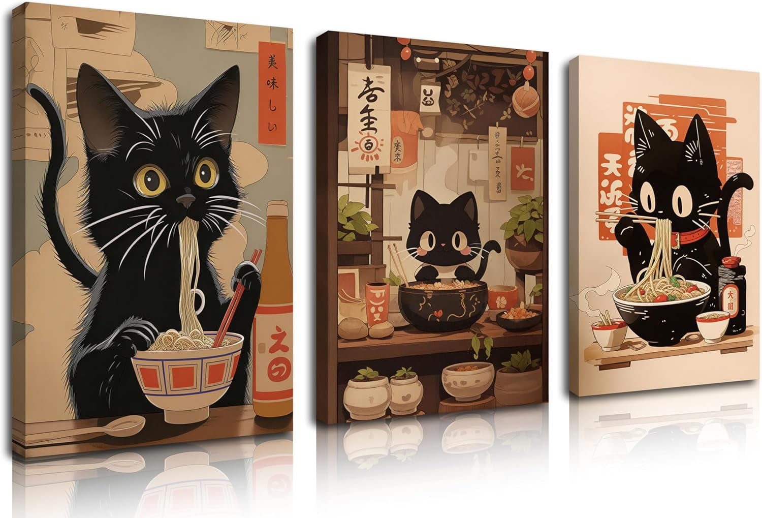 d Funny Black Cat Canvas Wall Art Set of 3, Vintage Japanese Cat Eating ...