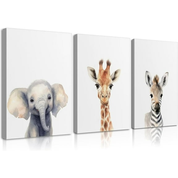 d Kid'S Room Animals Wall Art Pictures Set of 3 Cute Giraffe Zebra Elephant Canvas Prints Woodland Nursery Posters Watercolor Wall Decor Painting For Baby Boys And Girls Room 16x24in
