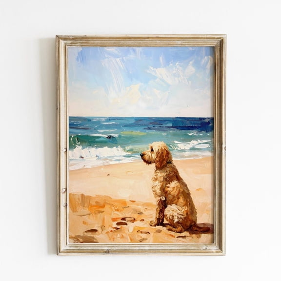 d Labradoodle Print Cockapoo On Beach Print Style Portrait Dog on Beach Dog Art Golden Doodle Gift
