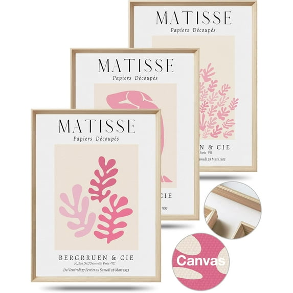 d Matisse Pink Canvas Wall Art,Abstract Matisse Canvas Wall Decor,16x12IN High d Wood Design Print,Minimalist Classic Decor Aesthetic for Living Room,Bedroom,Bathroom Set of 3