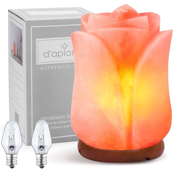 d'aplomb 100% Authentic Natural Himalayan Salt Lamp;Hand Carved Flower Rose Crystal Rock Salt from Himalayan Mountains; Dimmer Cord (Pink Flower)