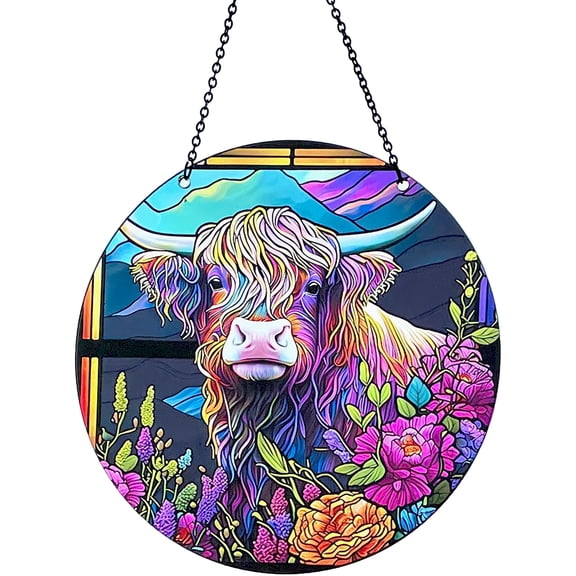 d'ears - Highland Cow - Acrylic Suncatcher with Chain - 6 Inch Diameter - Colorful - Farming - Made in The USA