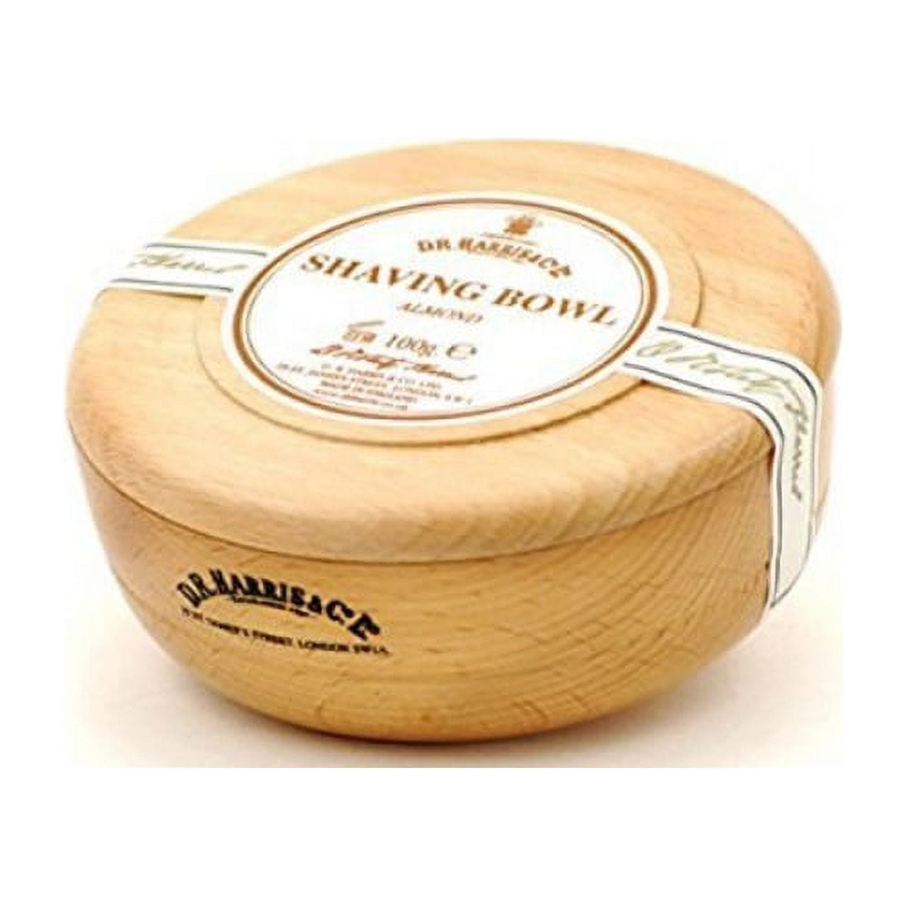 d.r. harris almond shaving soap in beech wood bowl