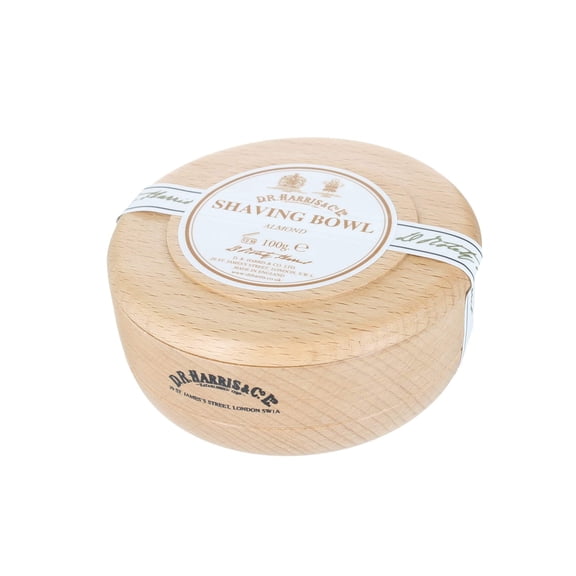 d.r. harris almond shaving soap in beech wood bowl