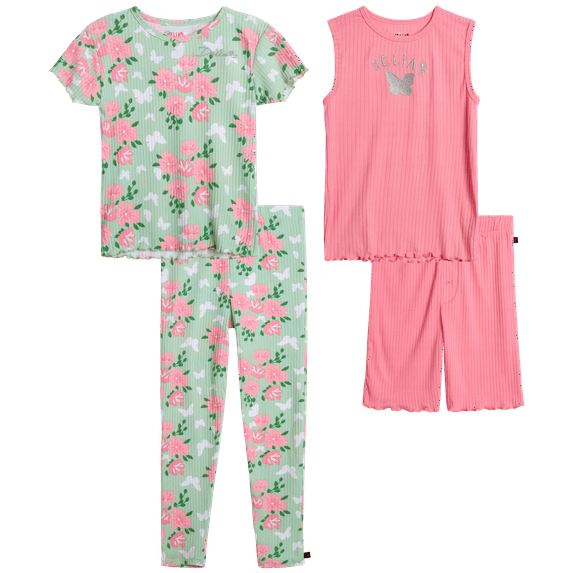 dELiA*s Girl's Snug Fit Pajama Set - 4 Piece Yummy Ribbed Short Sleeve Sleep Shirt, Jogger Pants, Tank Top, and Shorts (4-12)