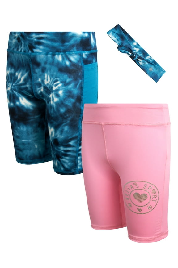 Girls' Active Shorts - 2 Pack Performance Bermuda Bike Shorts with Headband